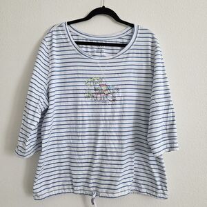 Casey Key Blue & White Striped Top with Beach Graphic 3/4 Sleeve